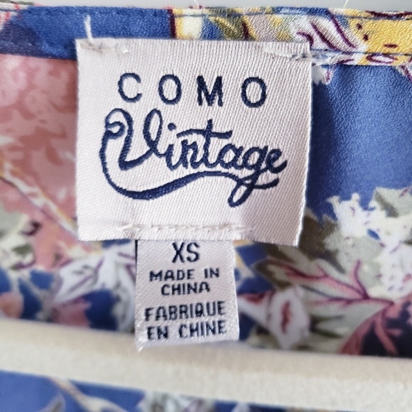 Como Vintage Top XS Floral Bell Sleeve Blue Blouse - Picture 5 of 6